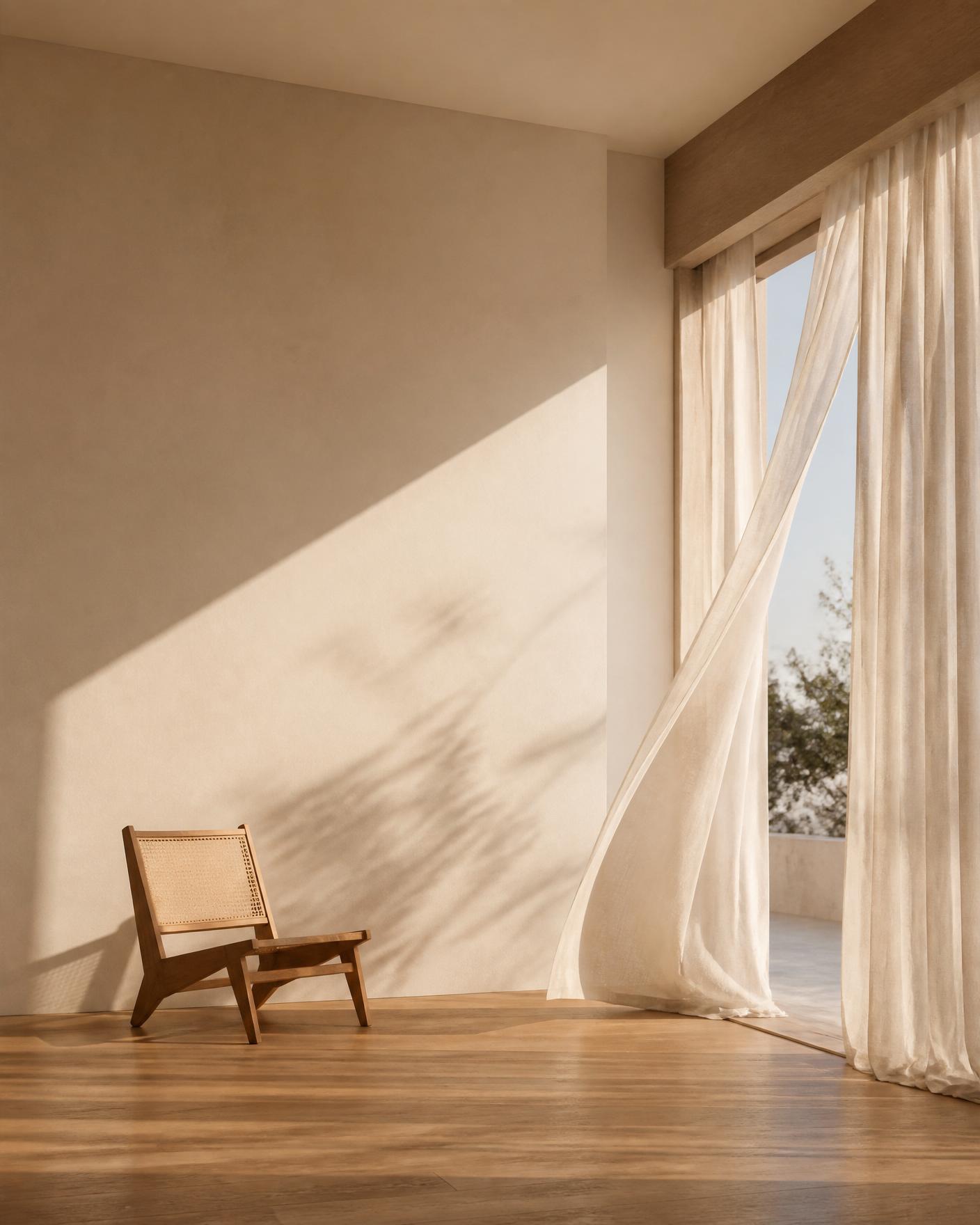 Interior banhado por luz natural com cortinas de linho ao vento