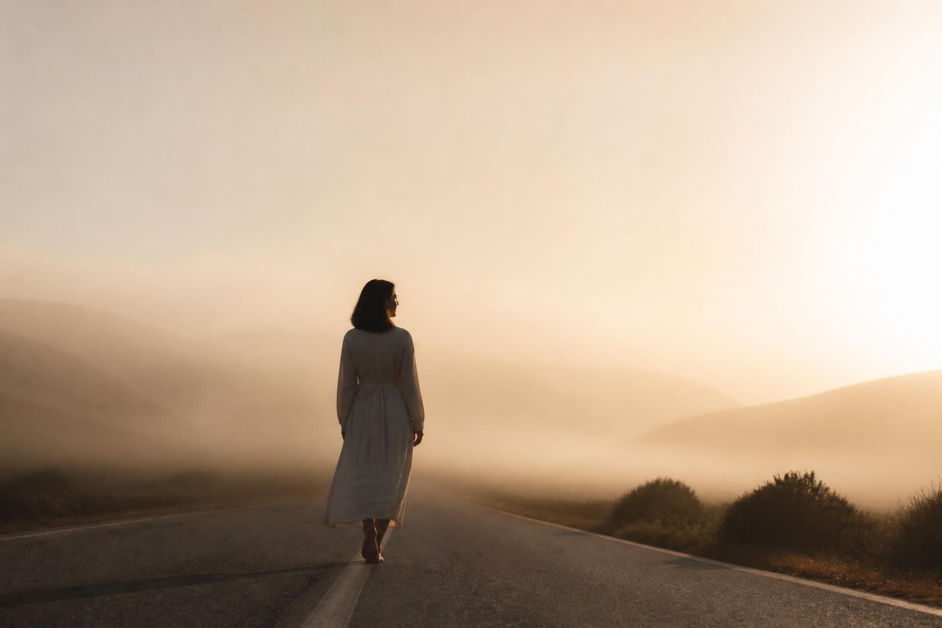 Mulher caminhando sozinha ao amanhecer, envolta em luz dourada